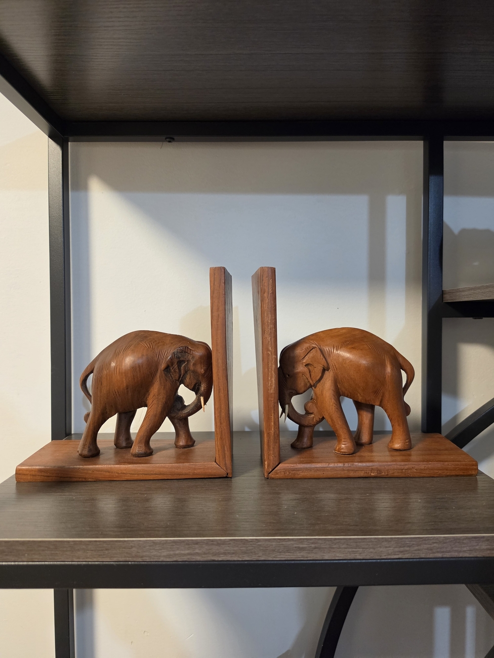 Carved Wooden Elephant Bookends - Pair Teak